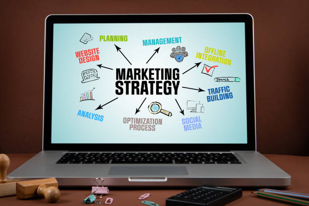 Marketing Strategy. Website, Management, Social Media and Optimization Process concept. Laptops on a brown background.